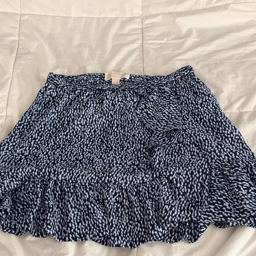 Michael Kors Navy and White Printed Ruffle Mini Skirt